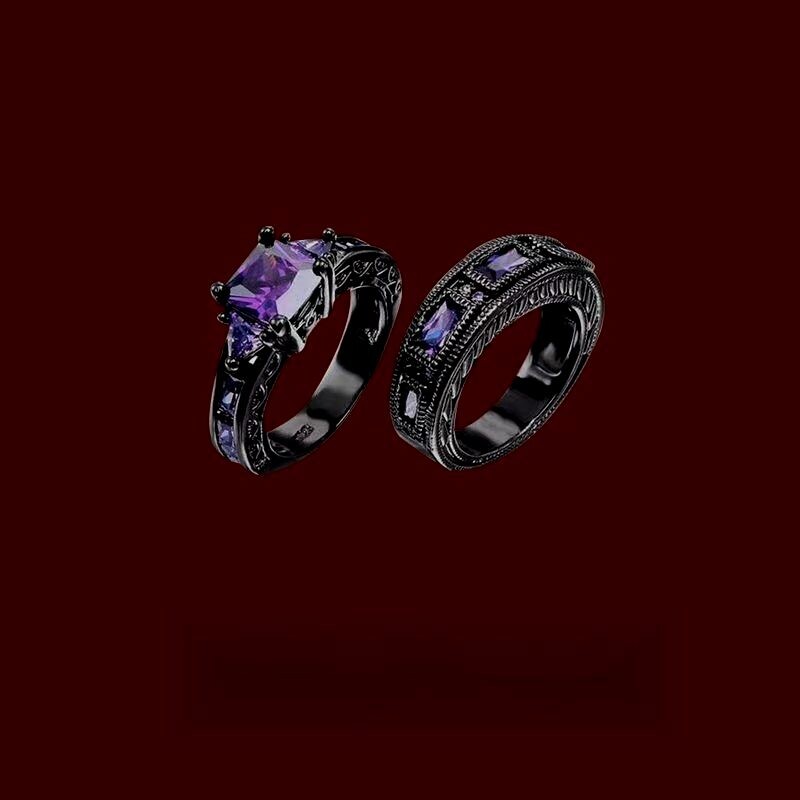 Vintage black and gold purple zircon ring, trendy, rare, niche design, high-end...