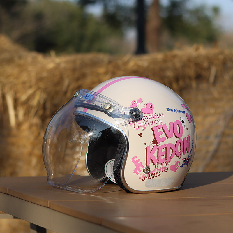 Evo Retro Motorcycle Helmet, Heart Pink 3/4 Safety Helmet, Unisex Small Helmet, Scooter Cruiser, Electric Scooter Commuter