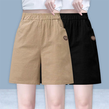 Cotton casual shorts for women in summer, simple khaki color, high waisted loose fit, five point pocket wide leg pants