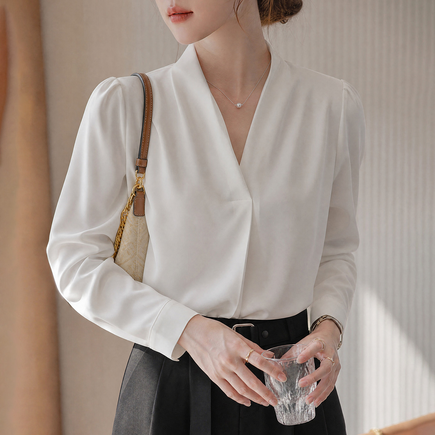 La Chapelle White Chiffon V-Neck Long-Sleeve Shirt for Women, 2026 New Summer Style, Petite Women's Elegant Formal Shirt