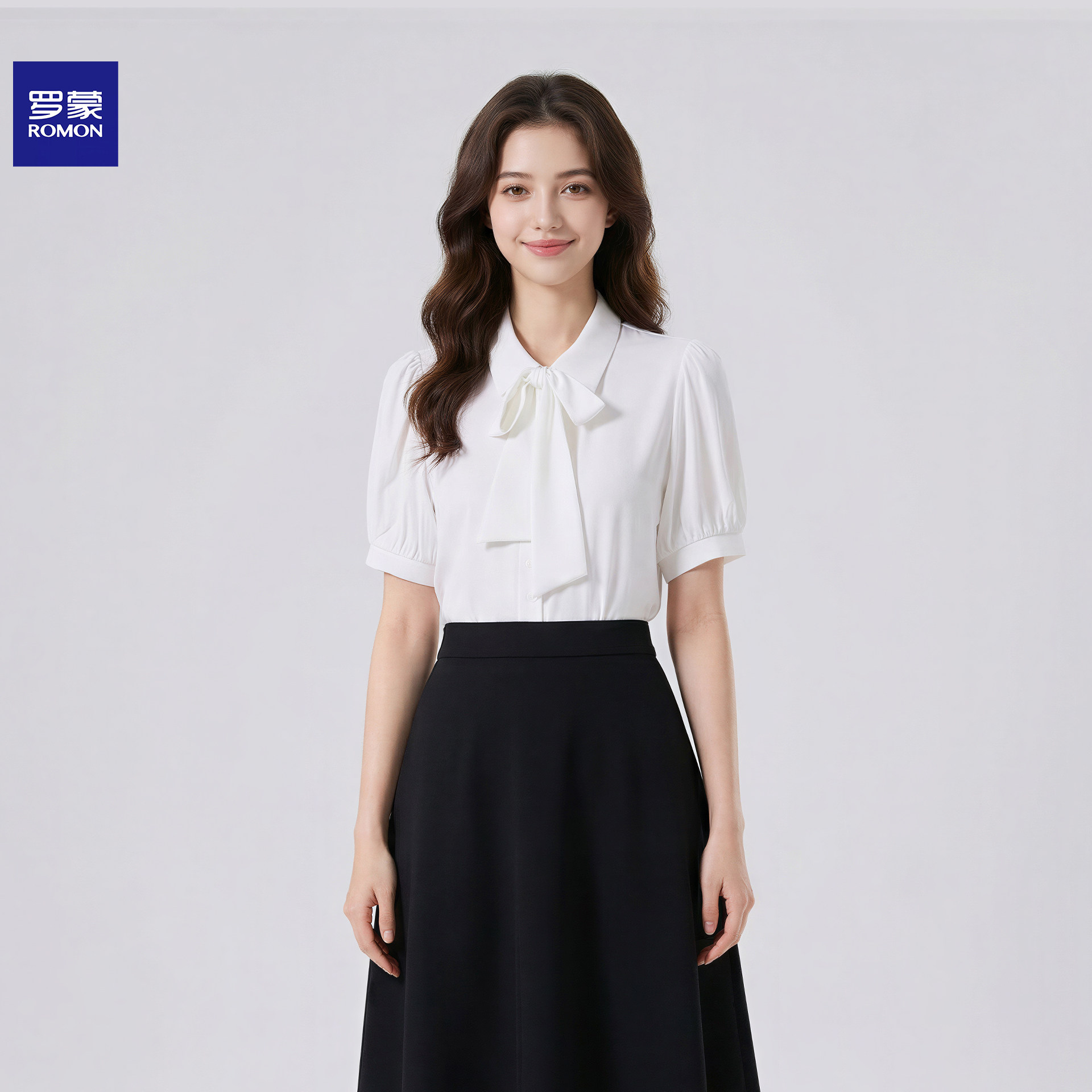 Romon white short-sleeved chiffon blouse, women's professional commuting work top, teacher qualification interview formal wear, blue shirt
