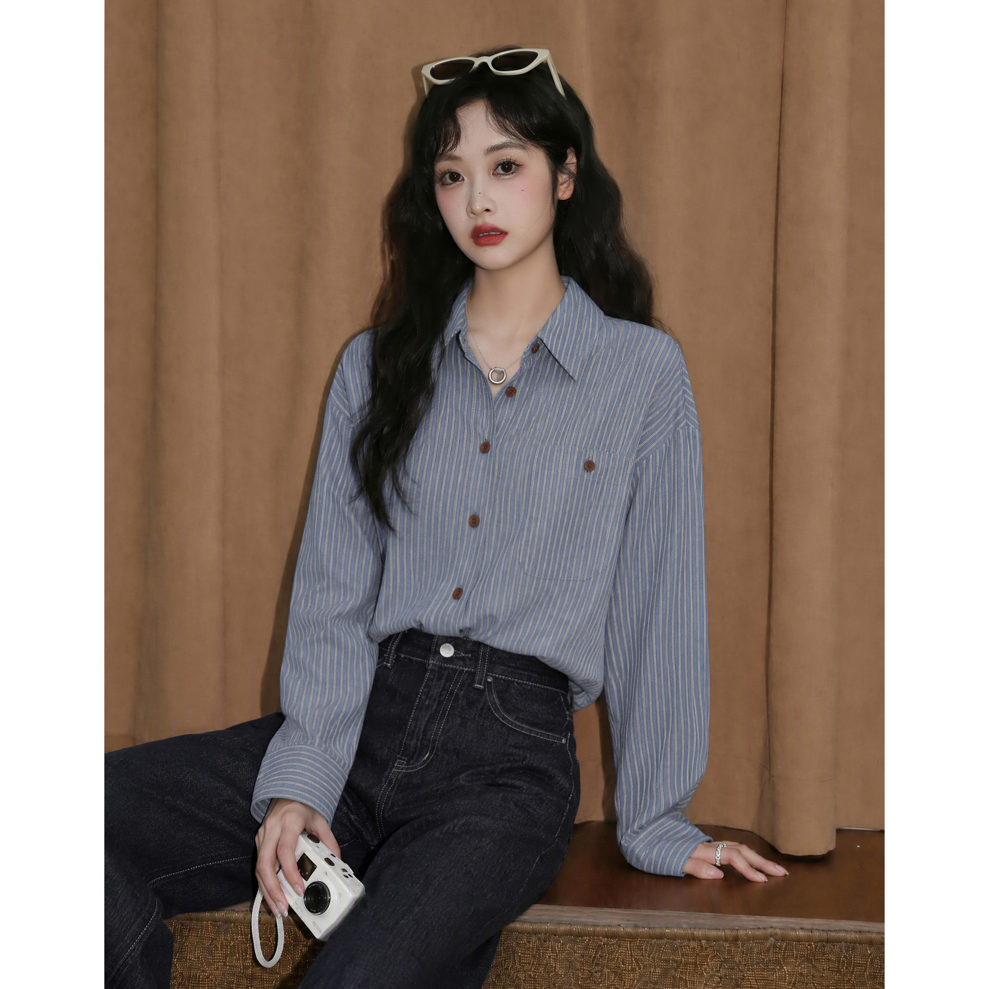 Women's Blue Striped Polo Collar Long-Sleeve Shirt, 2026 Spring/Autumn New Retro Casual Turn-Down Collar Shirt, Commuter Top