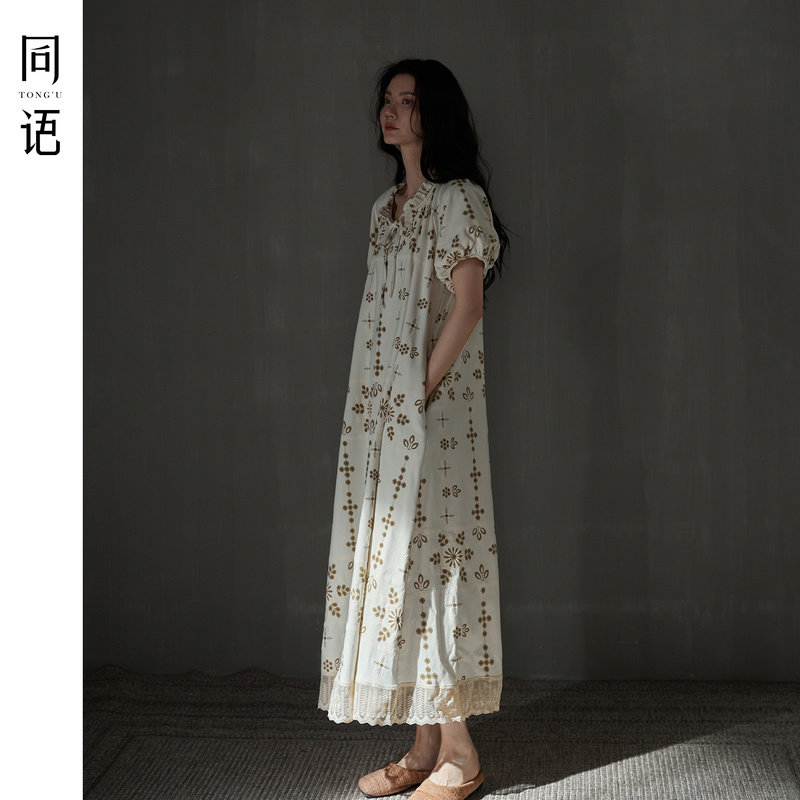 Изысканная и красивая ночная рубашка Tongyu, женская летняя мягкая хлопчатобумажная пижама, кружевное платье с короткими рукавами, длинная домашняя одежда