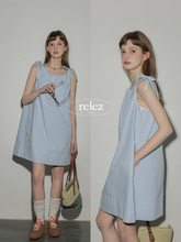 relez甜妹形象纯棉蓝色无袖背带连衣裙女夏季高级感气质裙子