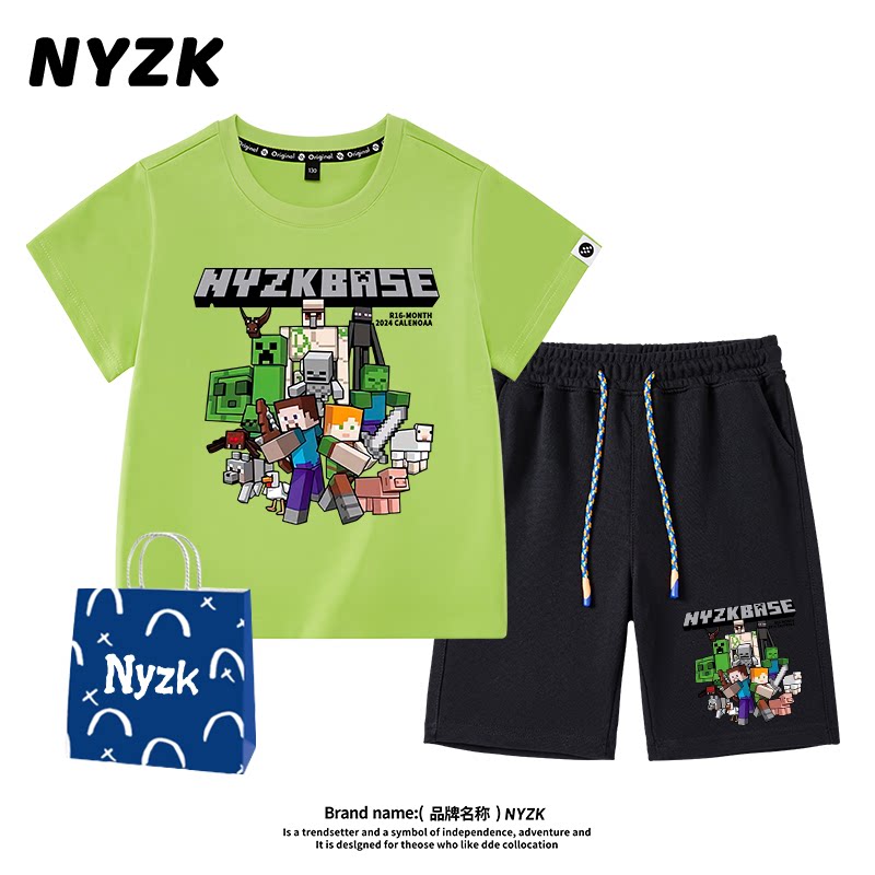 Летний костюм для мальчиков NYZK Minecraft, новая детская одежда для девочек из чистого хлопка в западном стиле, спортивная детская одежда с короткими рукавами