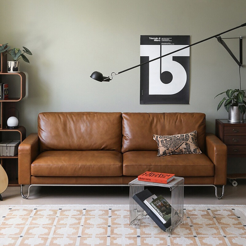 Кожаный диван в стиле ретро Баухаус карамельного цвета в стиле среднего возраста, верхний слой из воловьей кожи, дизайнерский диван из масляной восковой кожи, новый стиль