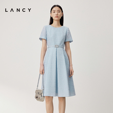 LANCY/朗姿2024夏季新款气质提花圆领腰带收腰连衣裙a字裙子女