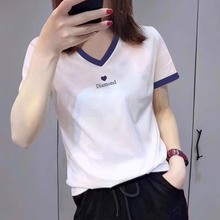 2024 Summer New European Design Sense Pure Cotton Contrast V-neck Short sleeved T-shirt Women's Loose Slimming and Age Reducing Top