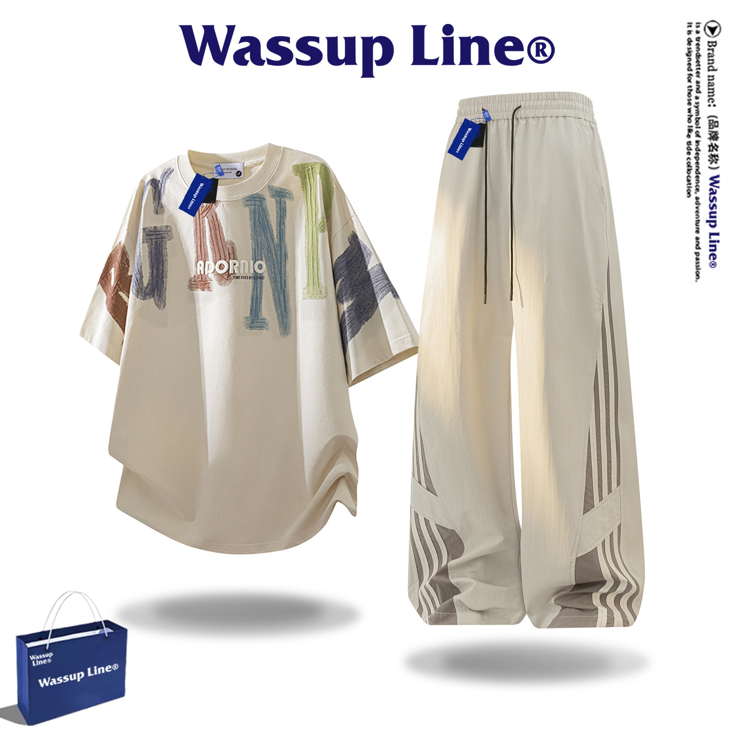 Модный бренд WASSUP Line, спортивный костюм, мужская летняя повседневная футболка с короткими рукавами, универсальные брюки, костюм-двойка