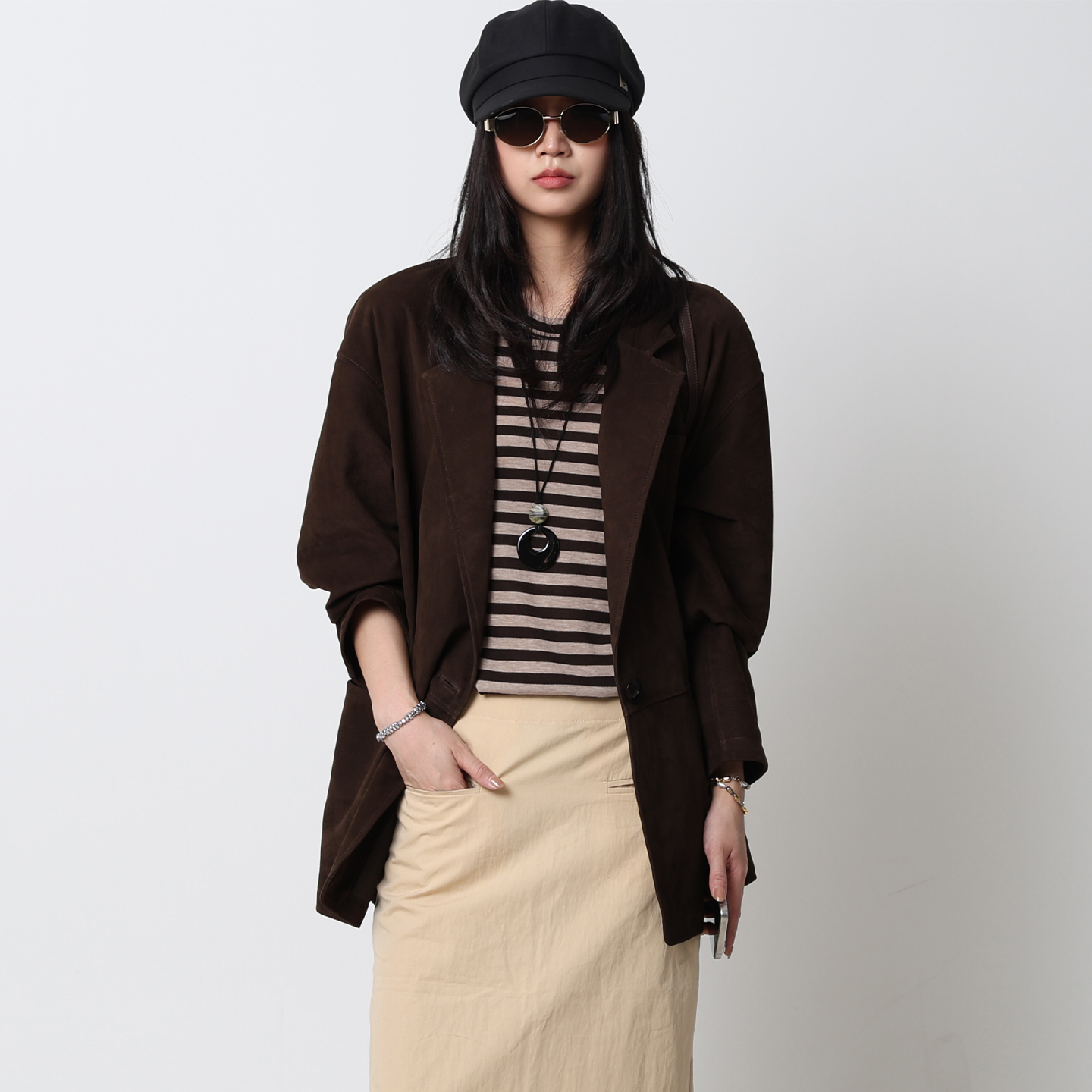 Jiuxi/ новинка осени 2025 года, модная кожаная куртка из кашемира и бархата в стиле ретро, женская свободная и тонкая костюмная кожаная куртка