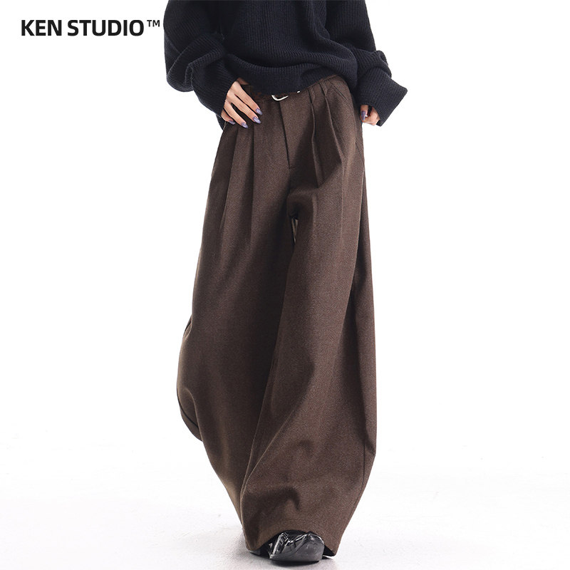 KEN STUDIO, осень-зима, новый стиль, стиль old money, кофейного цвета, костюмные брюки с матовой отделкой, женские повседневные брюки в стиле ретро с широкими штанинами
