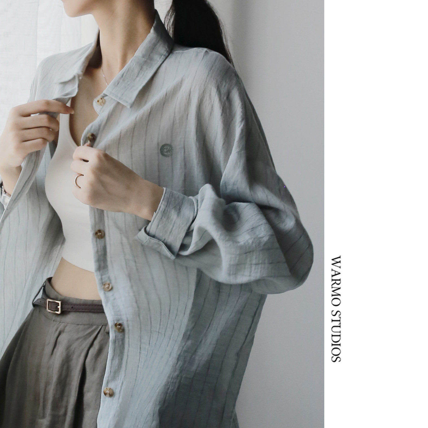 Warmo 2026 Spring/Summer Loose-fitting Striped Cotton Linen Long-sleeved Shirt for Women, Mid-length, Can be Worn Overwear with Sun Protection
