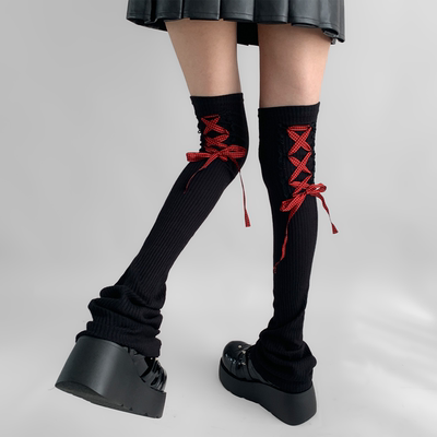 taobao agent 夜间教习室交叉绑带袜套长筒jk辣妹蝴蝶结腿套黑色过膝袜子女秋款