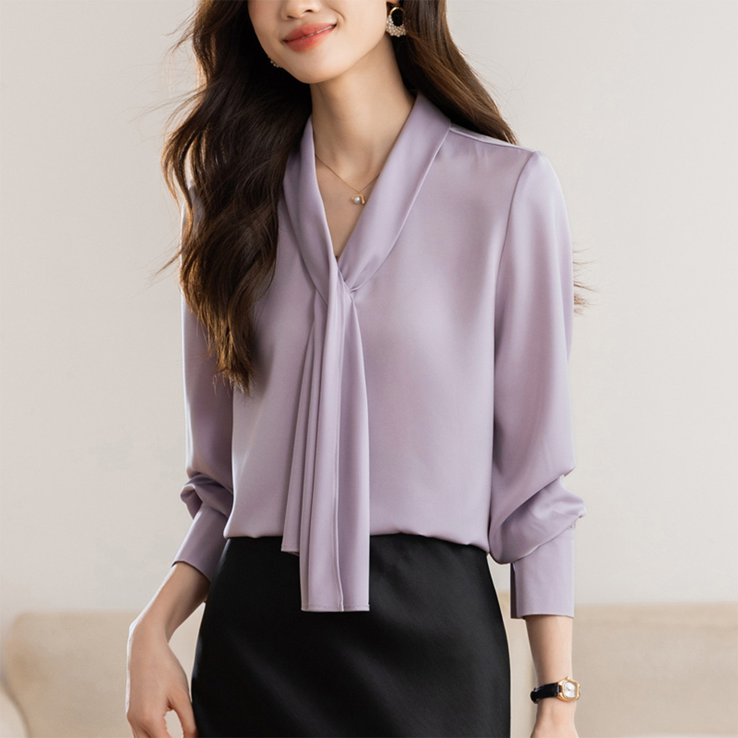 A sophisticated and elegant purple acetate satin V-neck long-sleeved blouse for women, perfect for professional commuting.