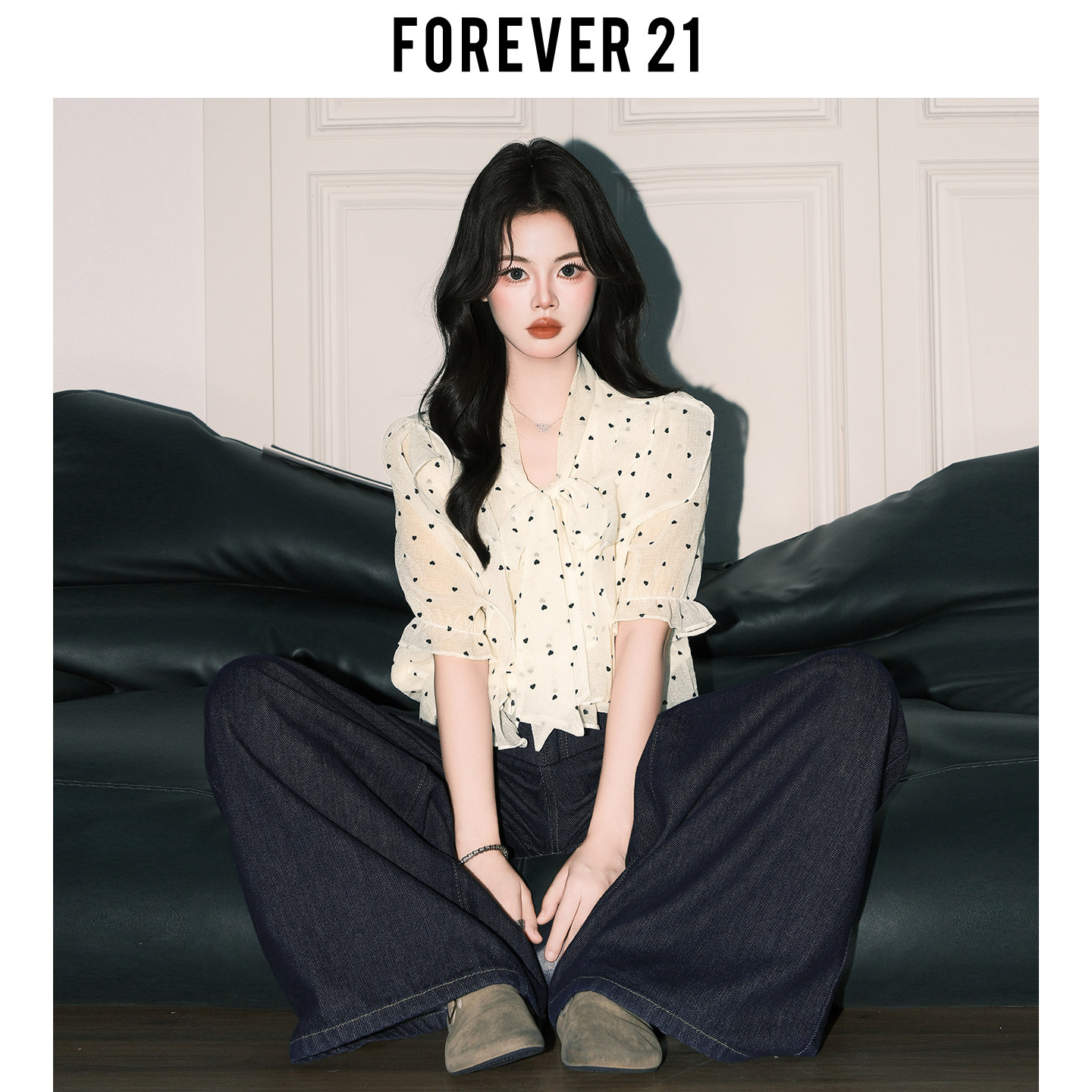 Forever 21 French-style apricot polka dot chiffon blouse, women's summer loose-fitting bow-tie short-sleeved top.