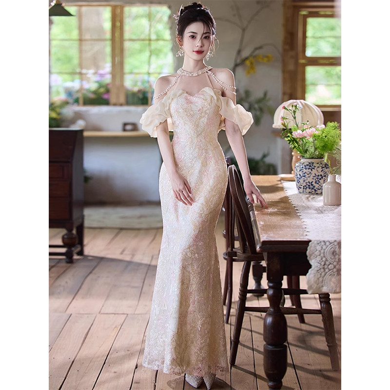 Платье для помолвки с шампанским cheongsam 2026, новое высококачественное свадебное платье для тостов, платье для банкета на день рождения, платье для бар-мицвы, платье с рыбьим хвостом
