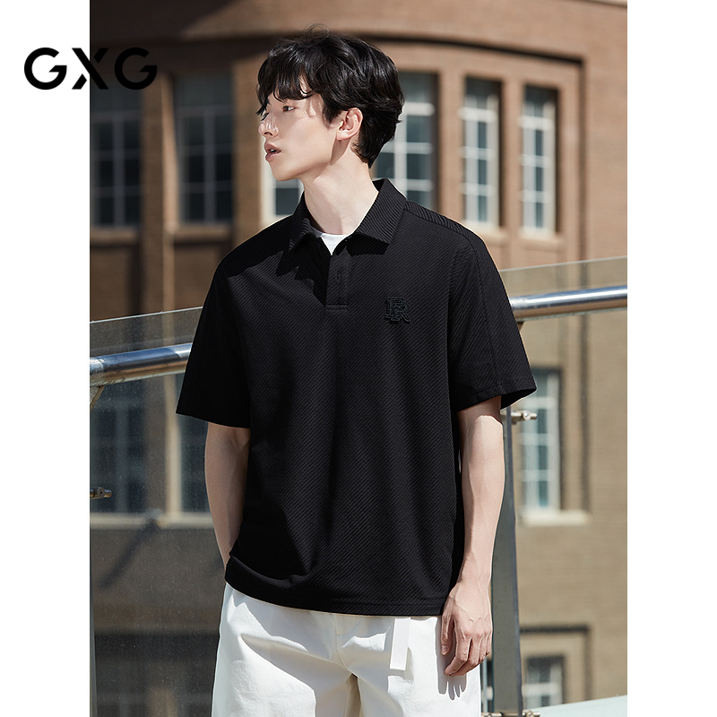 GXG mens clothing thick twill texture casual loose polo shirt embroidered lapel T-shirt short sleeves 25 summer new products