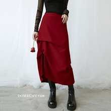 Domemy Spring Wine Red Commuter Mid length Skirt Irregular Photo New Year Engagement Dress