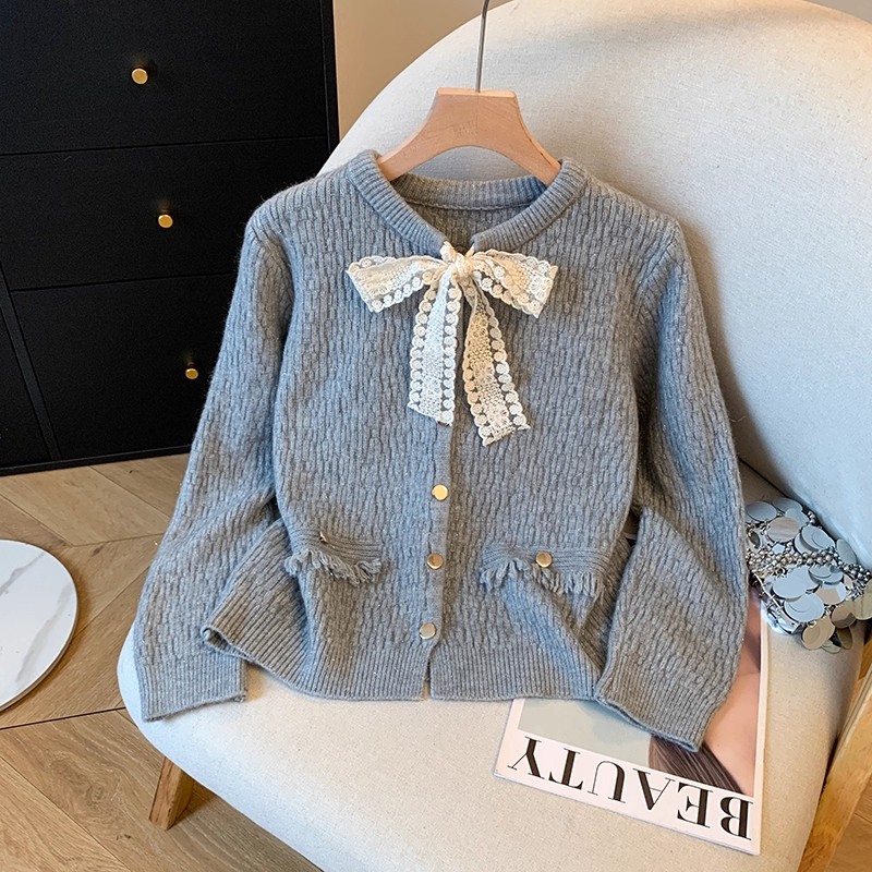 Серый вязаный кардиган-жакет с бантом, женский осенний свитер, уникальный и красивый топ с длинными рукавами и небольшим ароматом giant