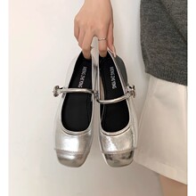 High end silver French style dress with shallow mouth flat sole single shoes for women's 2024 new summer retro Mary Jane shoes