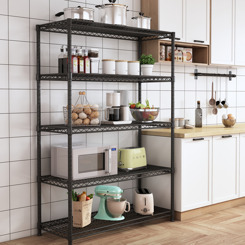 Полка кухонная многослойная стеллаж для хранения металлическая напольная полка большая труба черного цвета