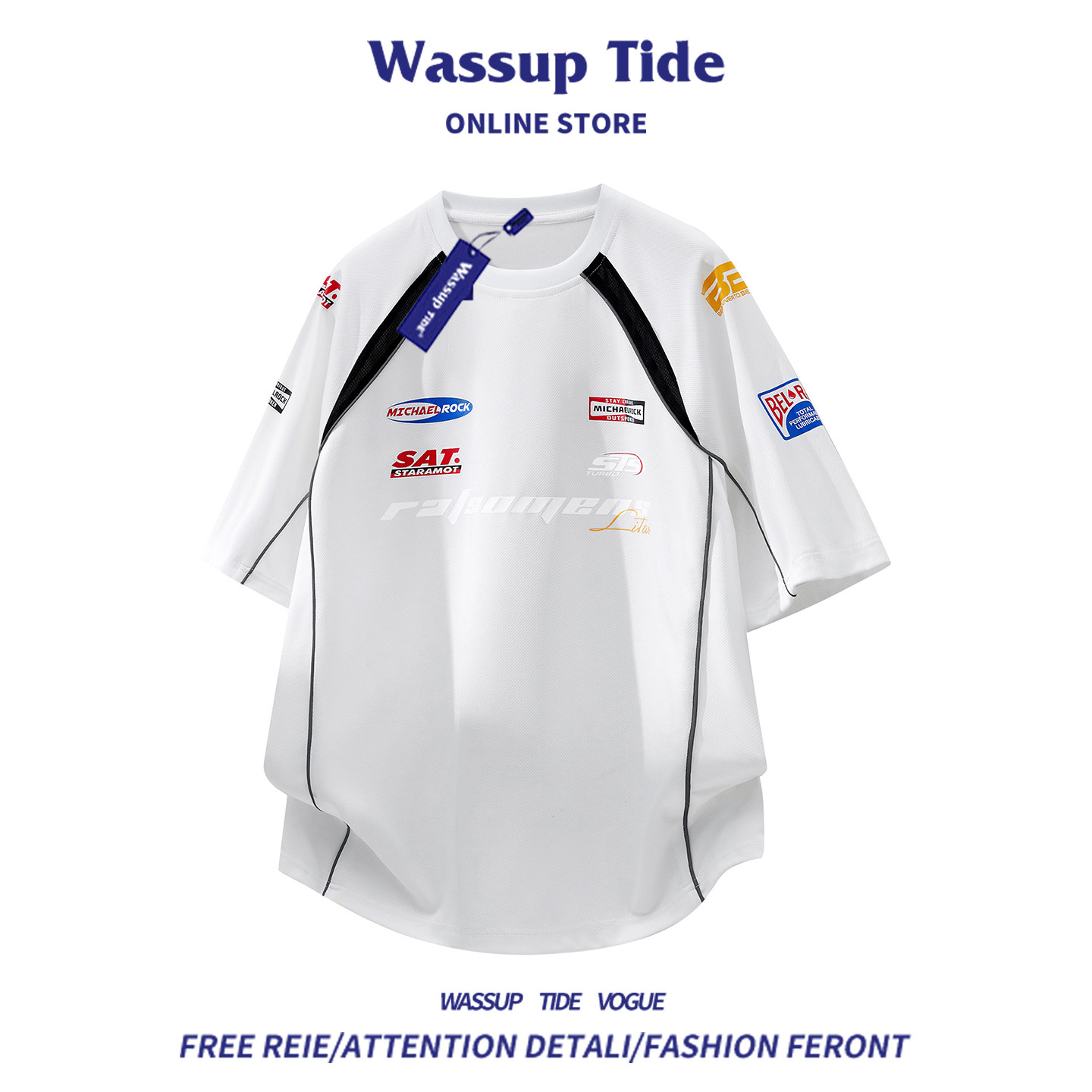 WASSUP TIDE, летняя новая футболка с короткими рукавами, мужской трендовый американский гоночный костюм, свободная универсальная футболка с круглым вырезом