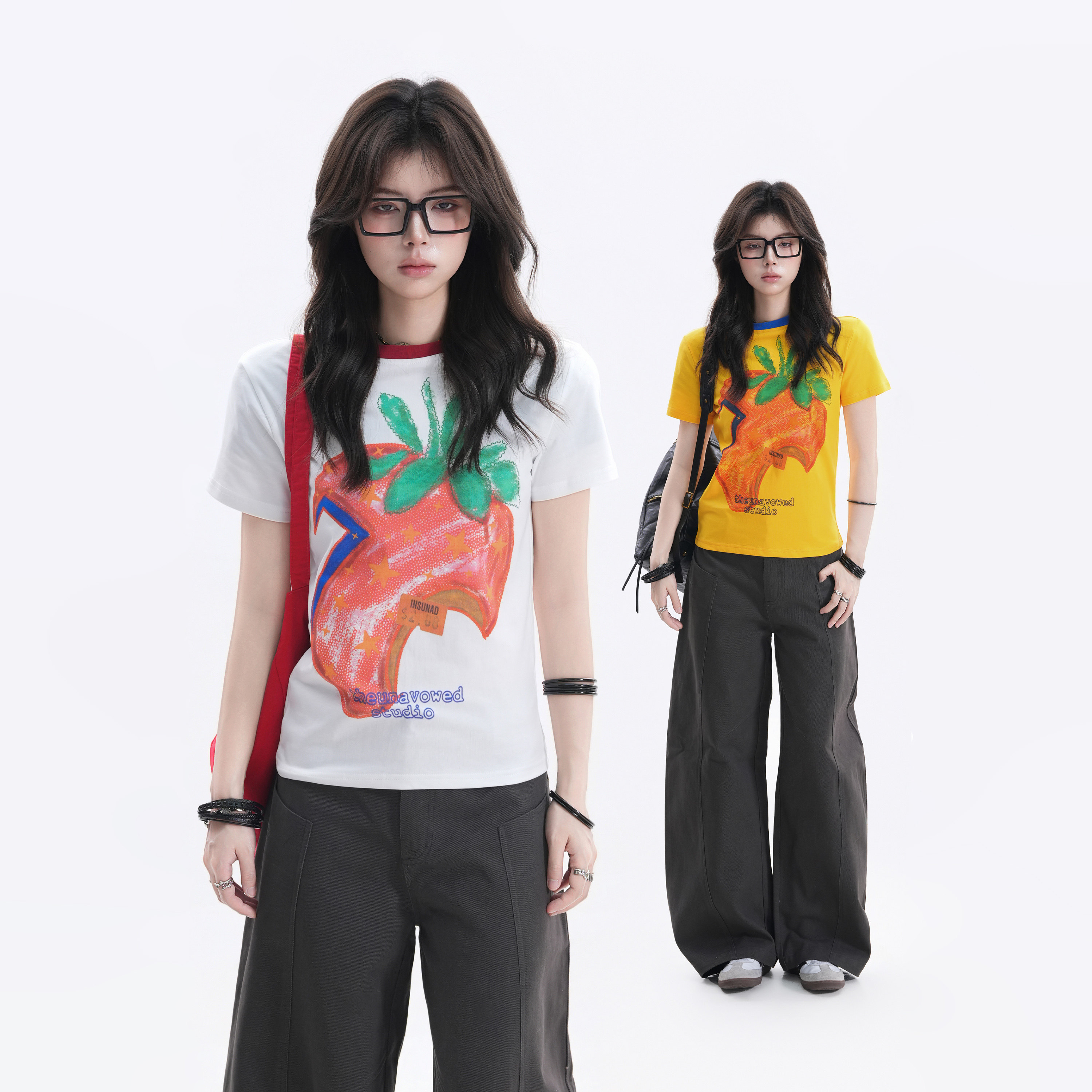 [Living off one's savings] Stylish Hand-Painted Strawberry Short-Sleeve T-Shirt for Women...