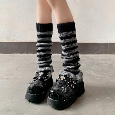 taobao agent 夜间教习室亚文化腿套夏季条纹针织袜套黑灰条纹y2k花边堆堆袜子