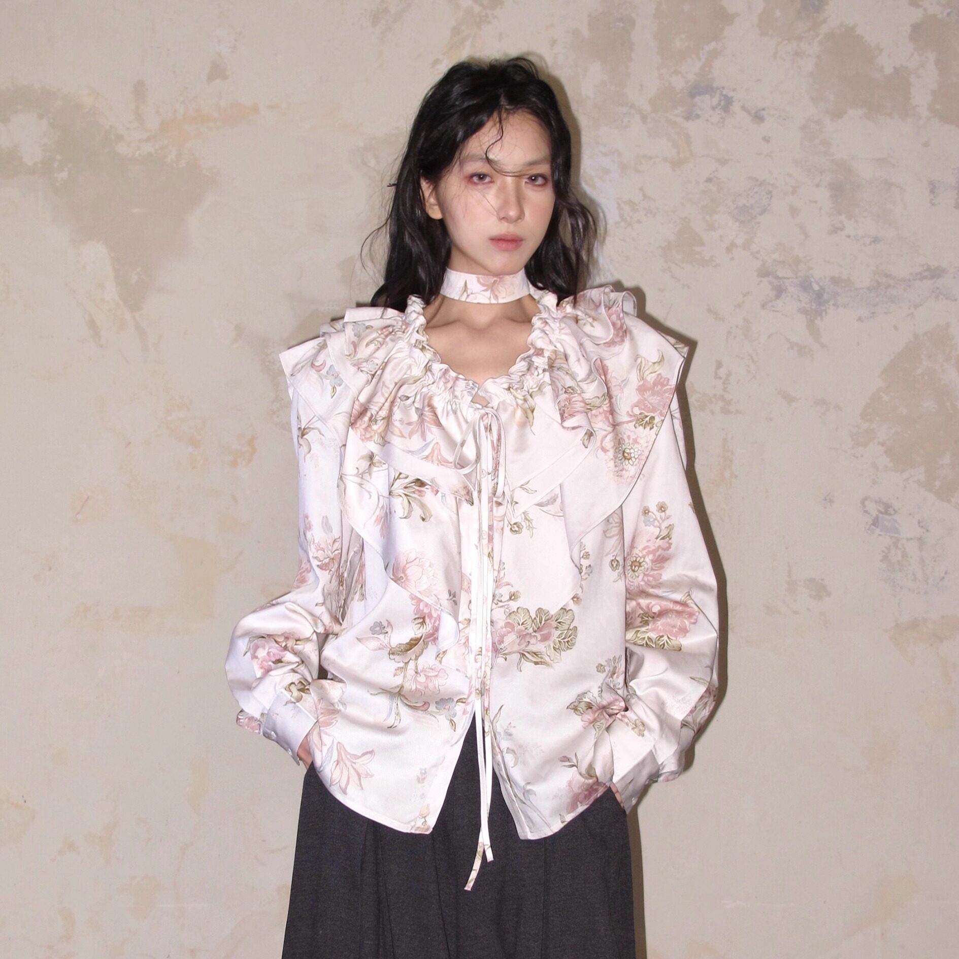 WHYNOTDANCE New Wave French Ruffle Tencel Cotton Blend Original Design Printed Shirt