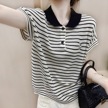 This year's popular ice silk short sleeved summer striped t-shirt for women with bunny embroidery and contrasting button polo neck knitted top