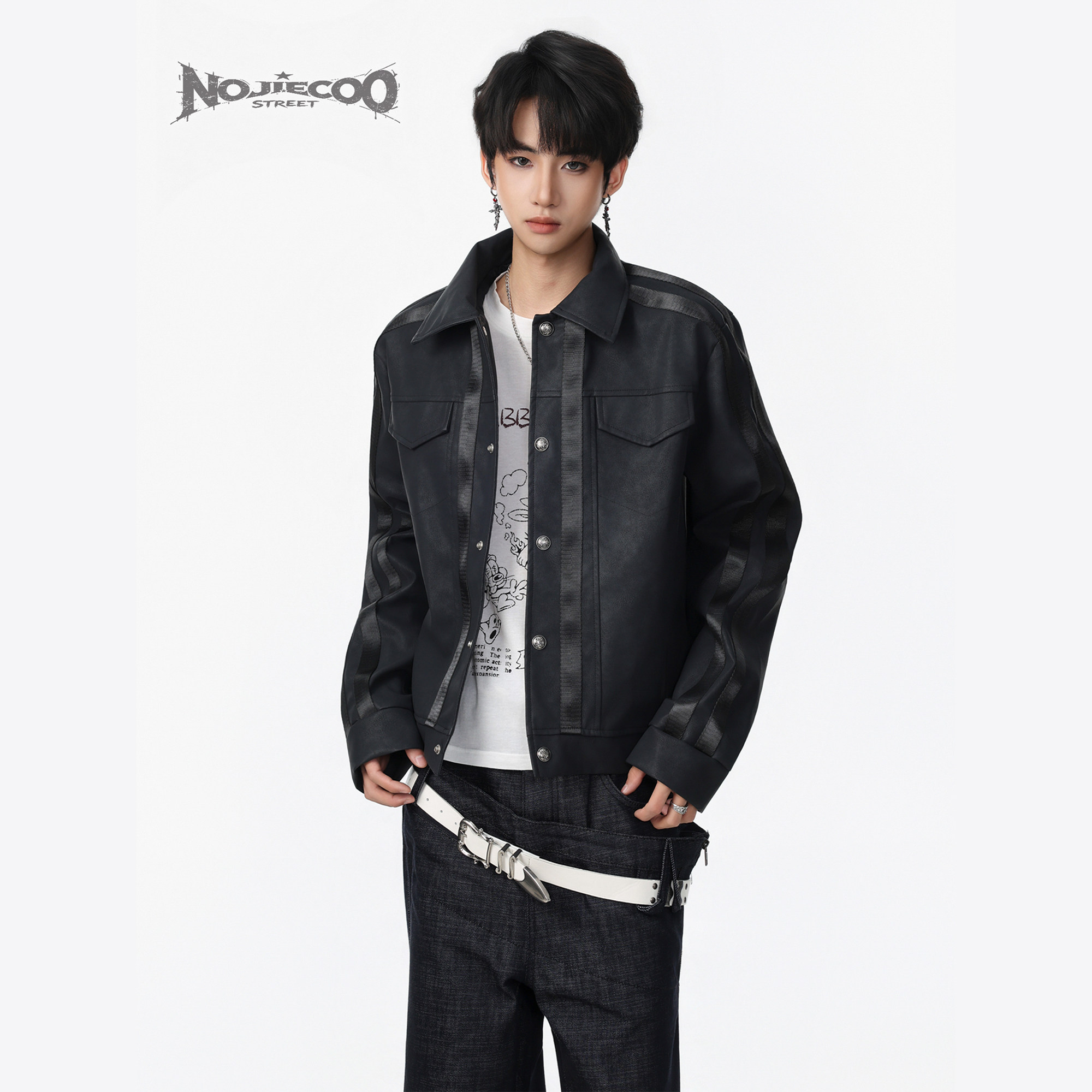 NOJIECOO "Caged Bird" PU Leather Jacket with Vein Texture on the Shoulders, Unisex Design, Silver/Black Outerwear