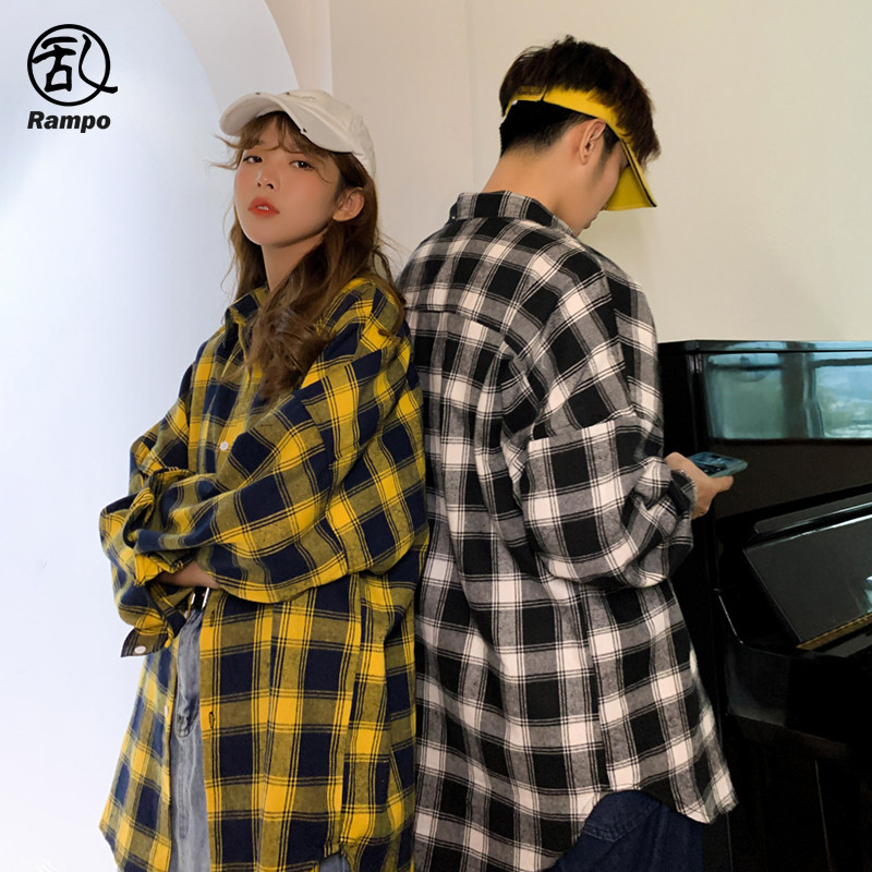 Black and white checkered shirt, men's student top, casual youth couple shirt, stylish sun-protective brushed jacket.