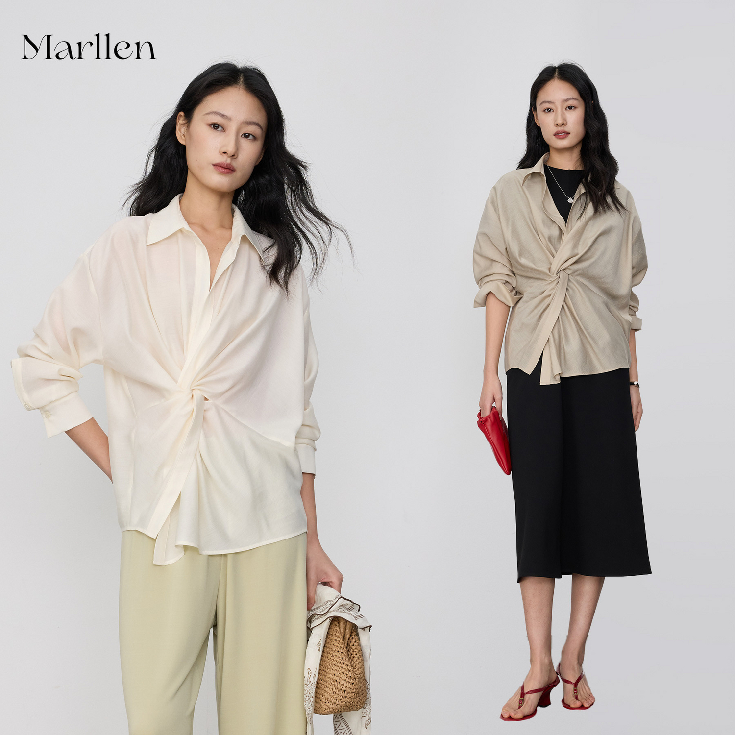 Marllen chic workwear shirt with a knotted waist and flowing acetate blend fabric.