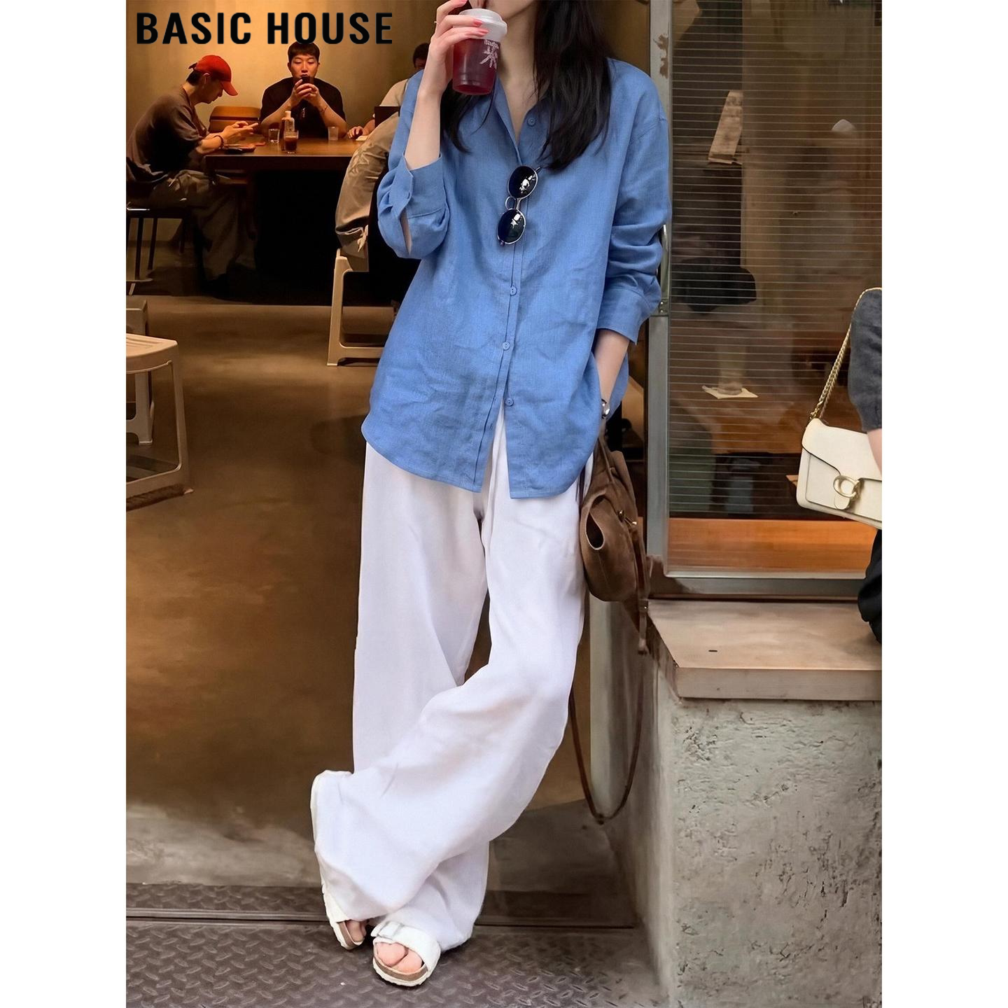 Basic House Blue Thin 100% Linen Sun Protection Shirt Women's Summer Hot Long-Sleeved Shirt
