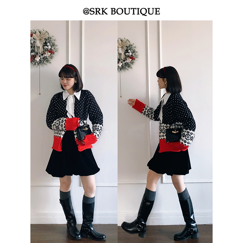 SRK French Retro Jacquard Sweater, Soft and Cozy Snowflake Pattern, Loose Fit, Women's Round Neck Knit Cardigan