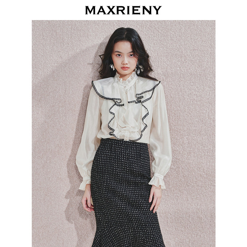 【Ole】 Кружевная шифоновая рубашка MAXRIENY в стиле ретро, приталенный классический топ в стиле Хепберн