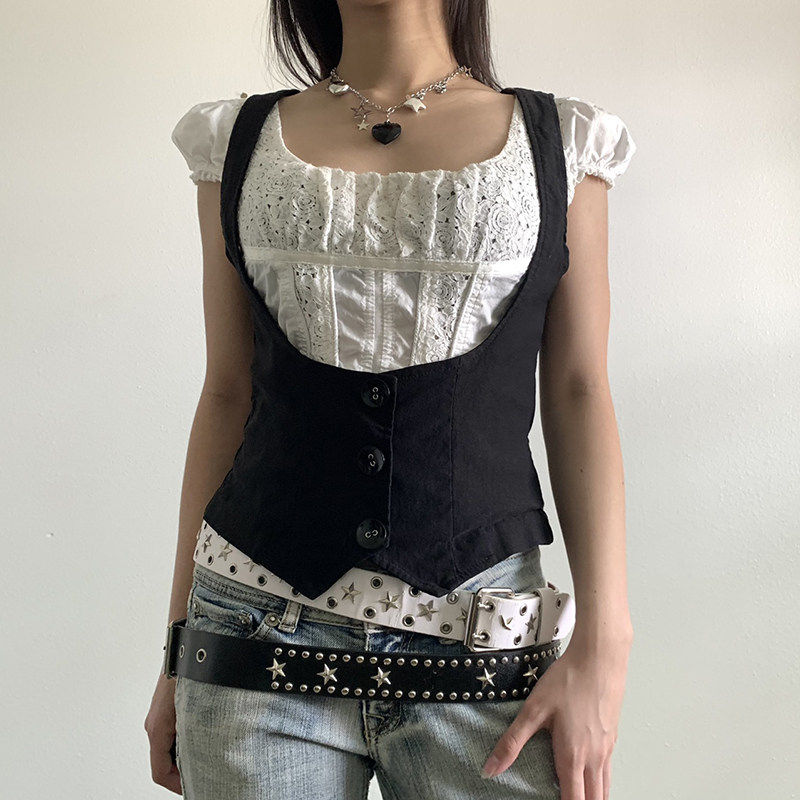SEEYOULATER A versatile, slim-fitting black button-down top with a dapper, gothic layered vest design.