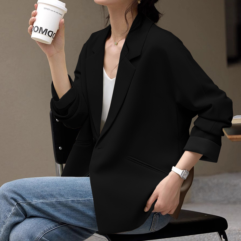 Высококачественный повседневный черный пиджак для костюма, женский весенне-осенний тонкий свободный модный простой пиджак для пригородных поездок под прямым углом