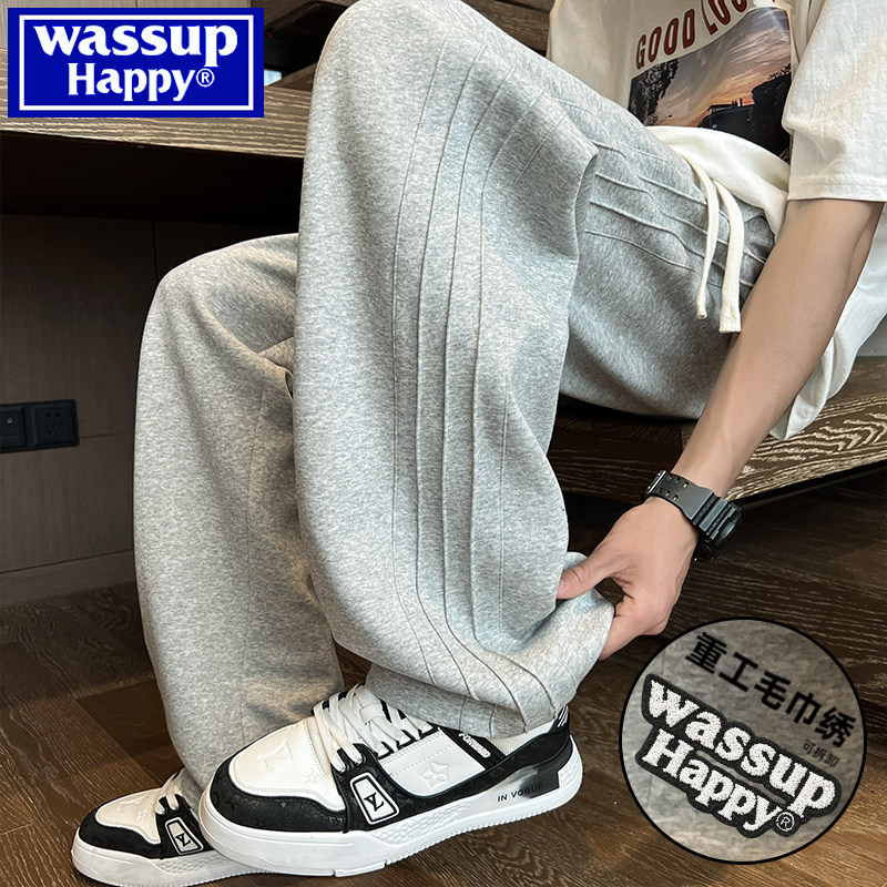 wassup/счастливые спортивные спортивные брюки; мужские летние брюки из чистого хлопка в американском стиле большого размера; свободные прямые повседневные длинные брюки на весну и осень