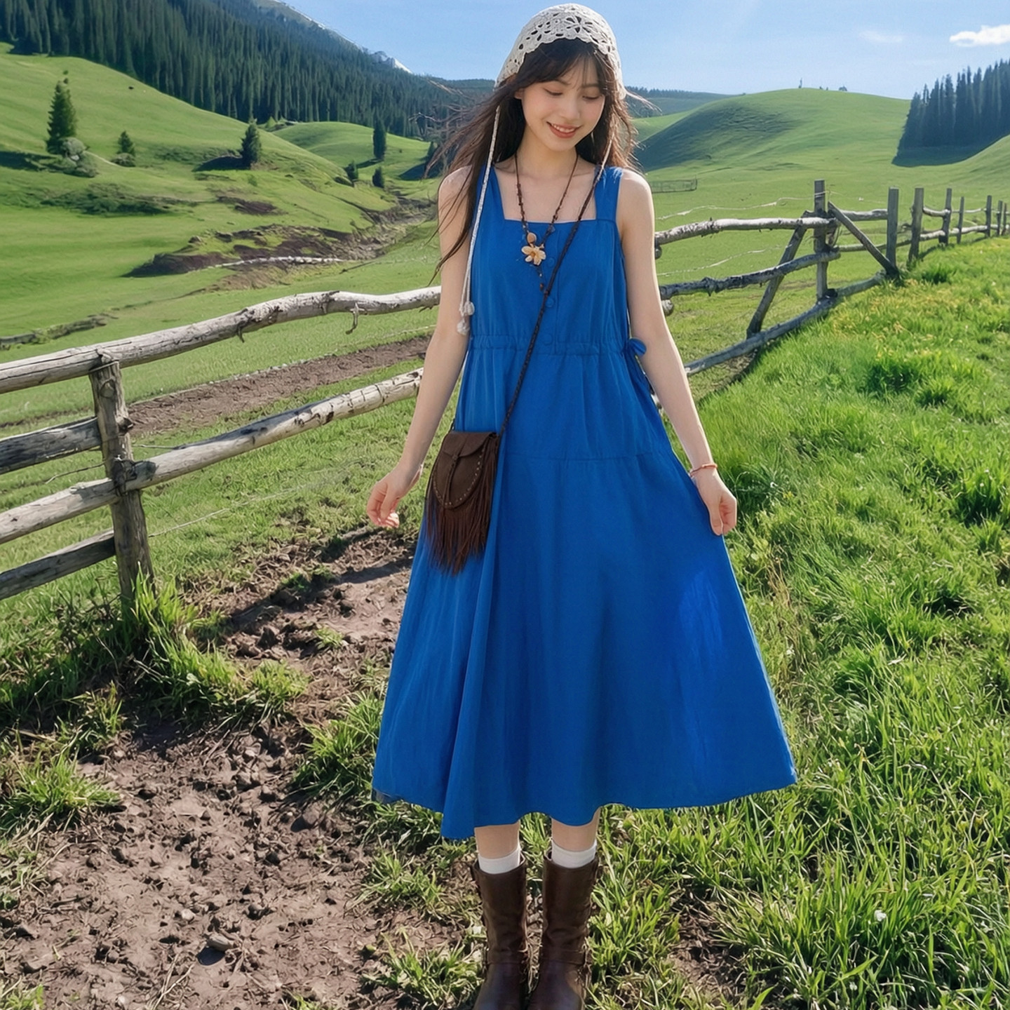Forest girl tribe Klein blue lazy vacation sleeveless camisole dress for women with small stature waist cinched long skirt summer dress