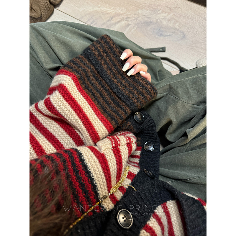 Qian Meixi, утолщенный контрастный полосатый вязаный свитер с длинными рукавами в стиле ретро, свободный кардиган с V-образным вырезом, куртка для женщин