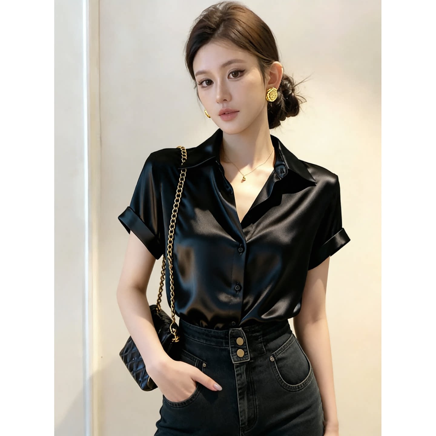 Black acetate satin short-sleeved shirt for women, perfect for summer commuting and light office wear, exuding a sophisticated and silky feel.