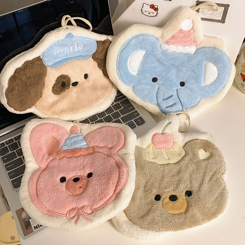 Cute cartoon-style kitchen and bathroom coral fleece hand towels, thickened and absorbent...