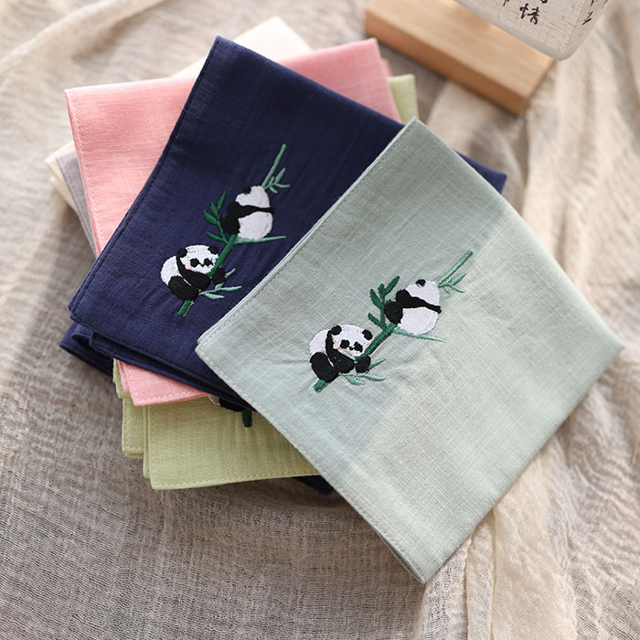Pure Cotton Embroidered Handkerchief, Chinese Style Gift for Studying Abroad, Handkerchief for Foreigners, Portable Sweat-Absorbing Square Towel, Giant Panda