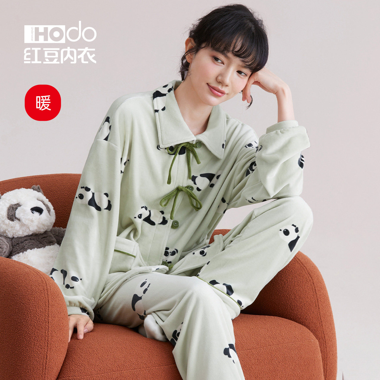 Red bean island velvet pajamas set cute panda ladies