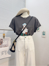 DB Home 2024 Spring New Hat Little Duck Cartoon Printed Brushed Short sleeved T-shirt Women's Loose Round Neck Letter Top