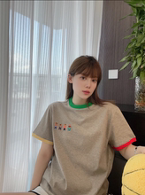 European color matching short sleeved T-shirt for women's 2024 summer new loose and versatile cartoon embroidery medium length oversized top