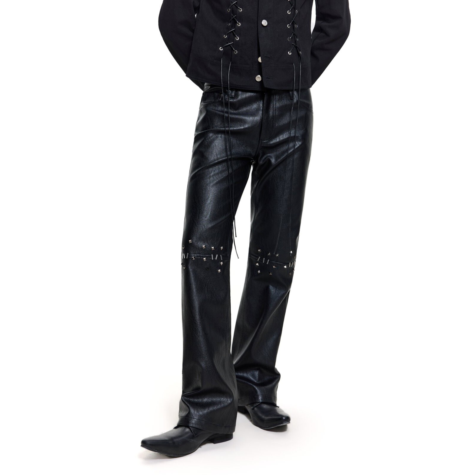 FRKM SCD F/W26 pioneer кожаные брюки с деконструкцией и заклепками, мужские нишевые темные узкие прямые брюки-скинни