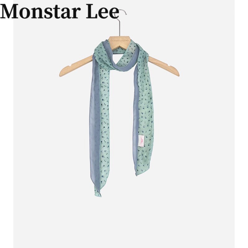 Monstar Lee Matcha Forest Mint Green Scarf for Women, Thin, High-End, Narrow Stripe Scarf/Neckband