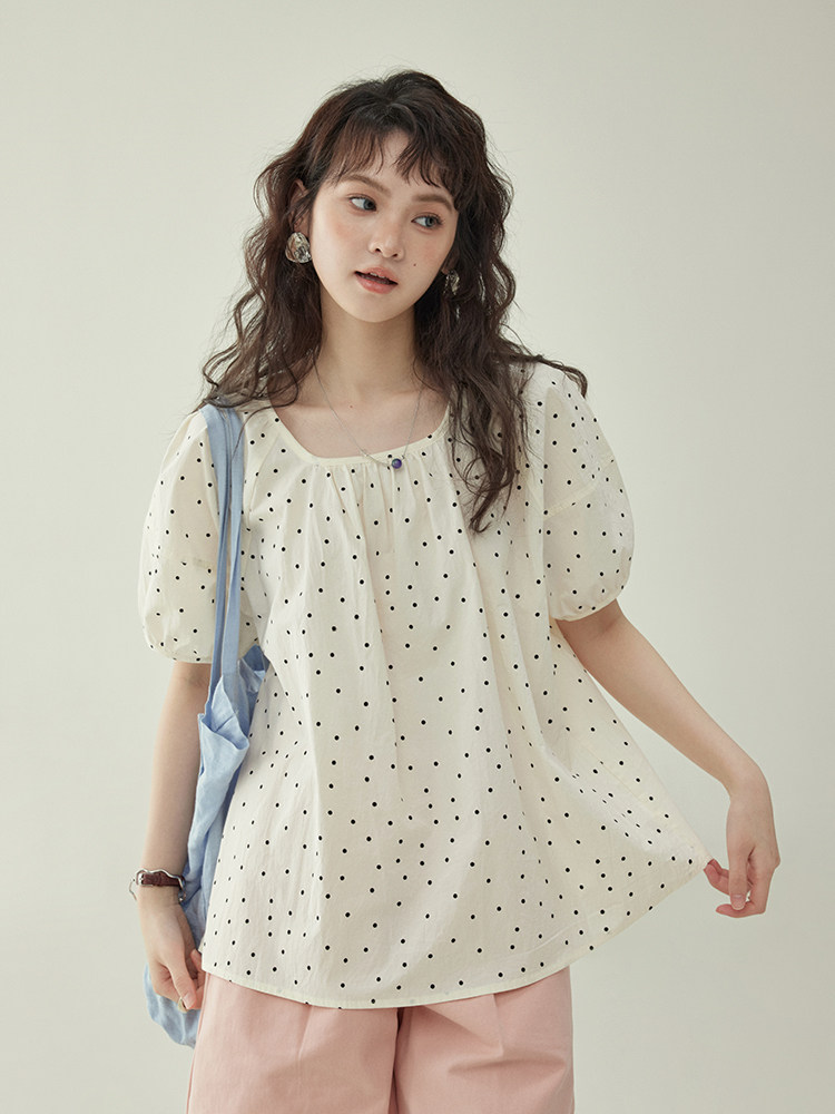 "Beidao AMUU Original" French-style square neck polka dot short-sleeved shirt for women, new summer style, loose puff sleeve top
